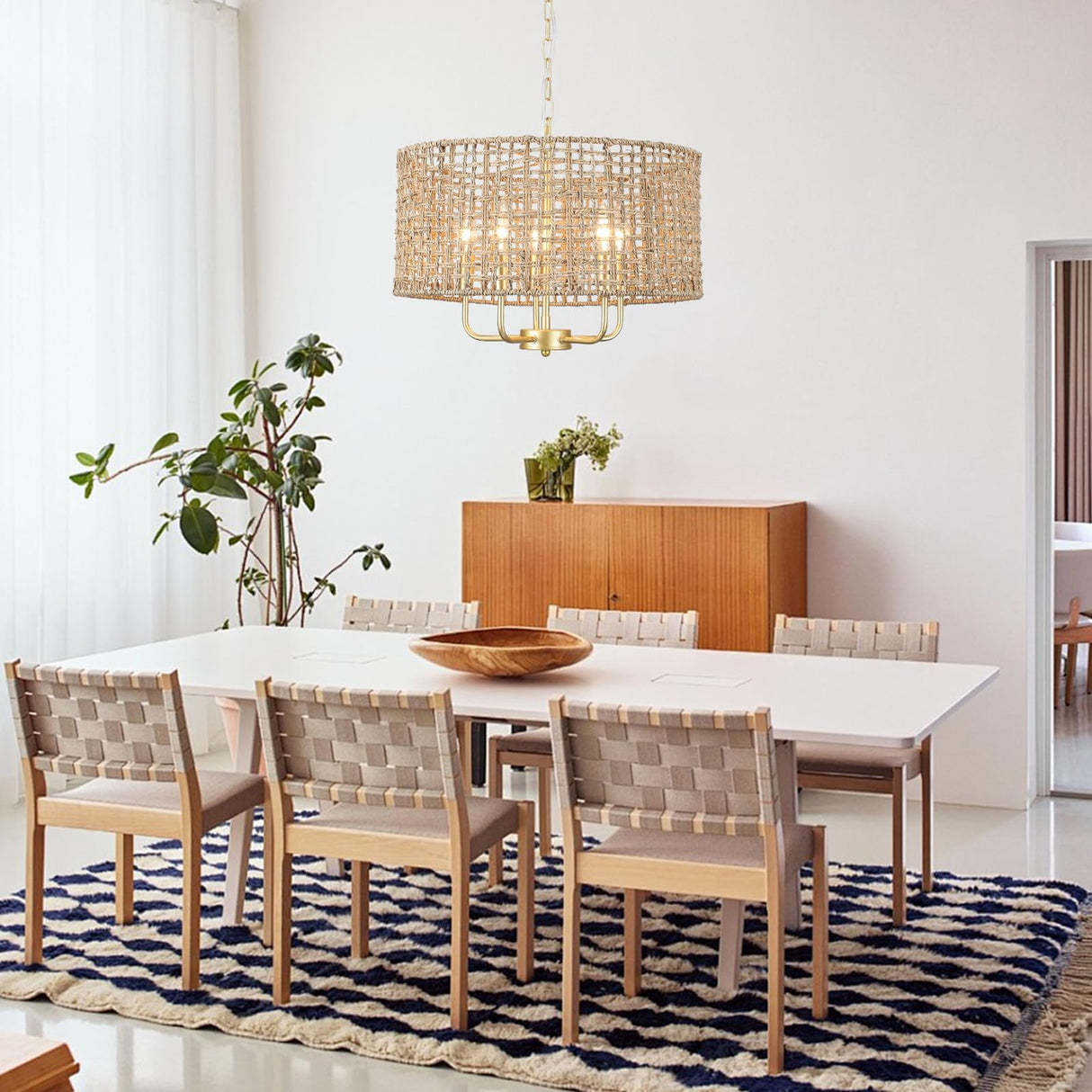 Rattan Woven Boho Chandelier Light Fixture for Dining Room 5 Light, 18.8'' Gold Hand Woven Drum Wicker Light Fixture Ceiling Hanging, Coastal Rattan Pendant Light for Living Room Entryway Bedroom Xurihuihuang