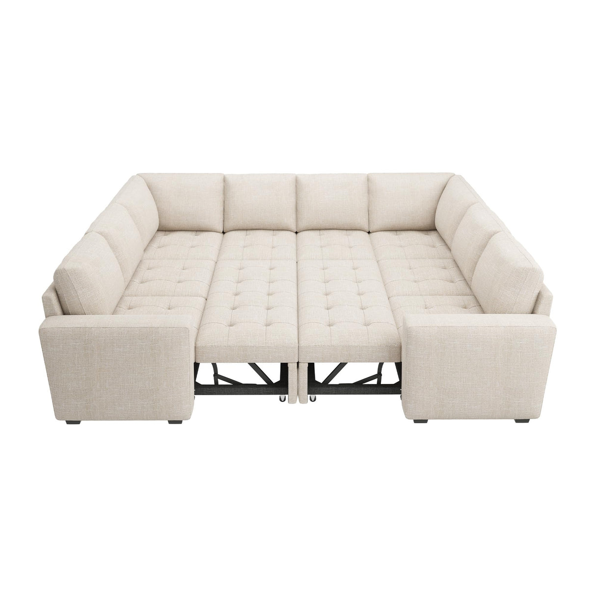 HONBAY Modular Sectional Sleeper Sofa with Pull Out Bed, Linen Convertible U Shaped Sectional Couch with Storage Seat, Sectional Couches for Living Room, Beige HONBAY