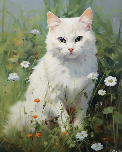 FUKVHIL Paint by Number Kits White Cat Among Flowers Canvas DIY Oil Painting for Adults Beginner with Brushes and Acrylic Pigment 16x 20inch (Without Frame)