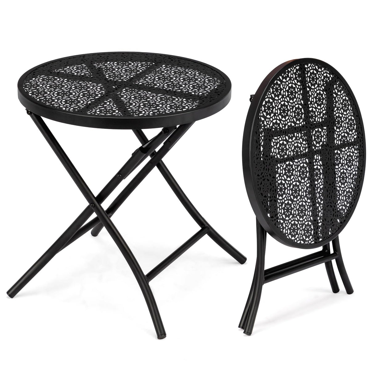 VINGLI Outdoor Folding Side Table with Chic Hollow Pattern and Durable, Rust-Resistant Black-Coated Iron Patio Bistro Table Suitable for Indoor & Outdoor Porch, Deck, Balcony and Pool VINGLI