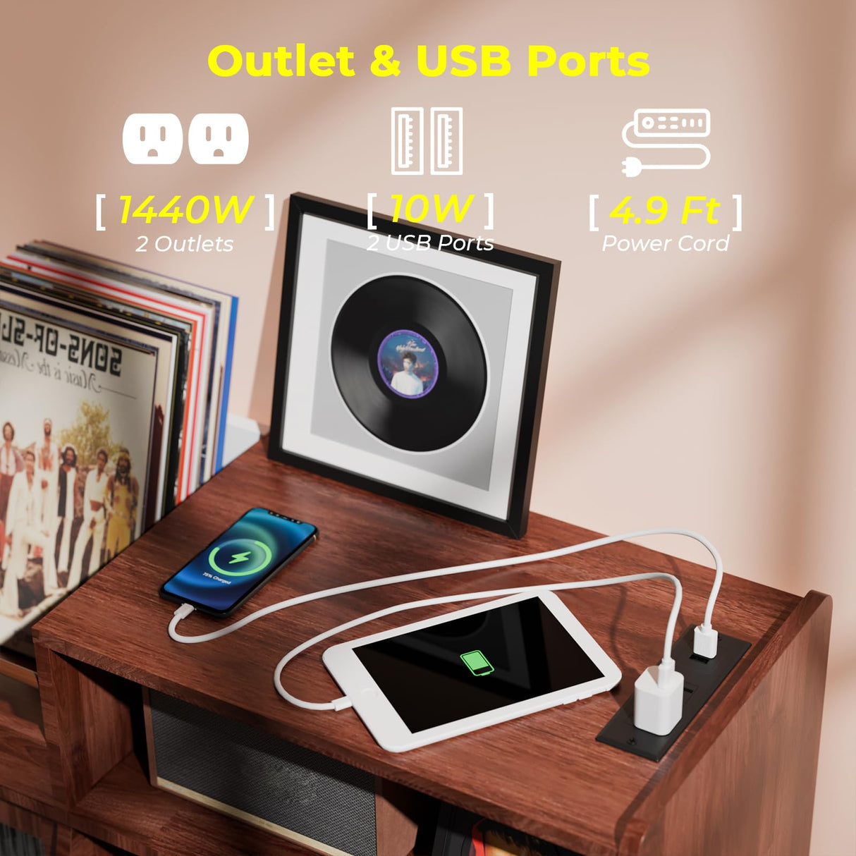 Large Record Player Stand with Sliding Door,350 Vinyl Record Storage Cabinet, Record Player Table with Power Outlet and LED Light,Turntable Stand with Wood Legs for Living Room,Bedroom,Office Bonvork