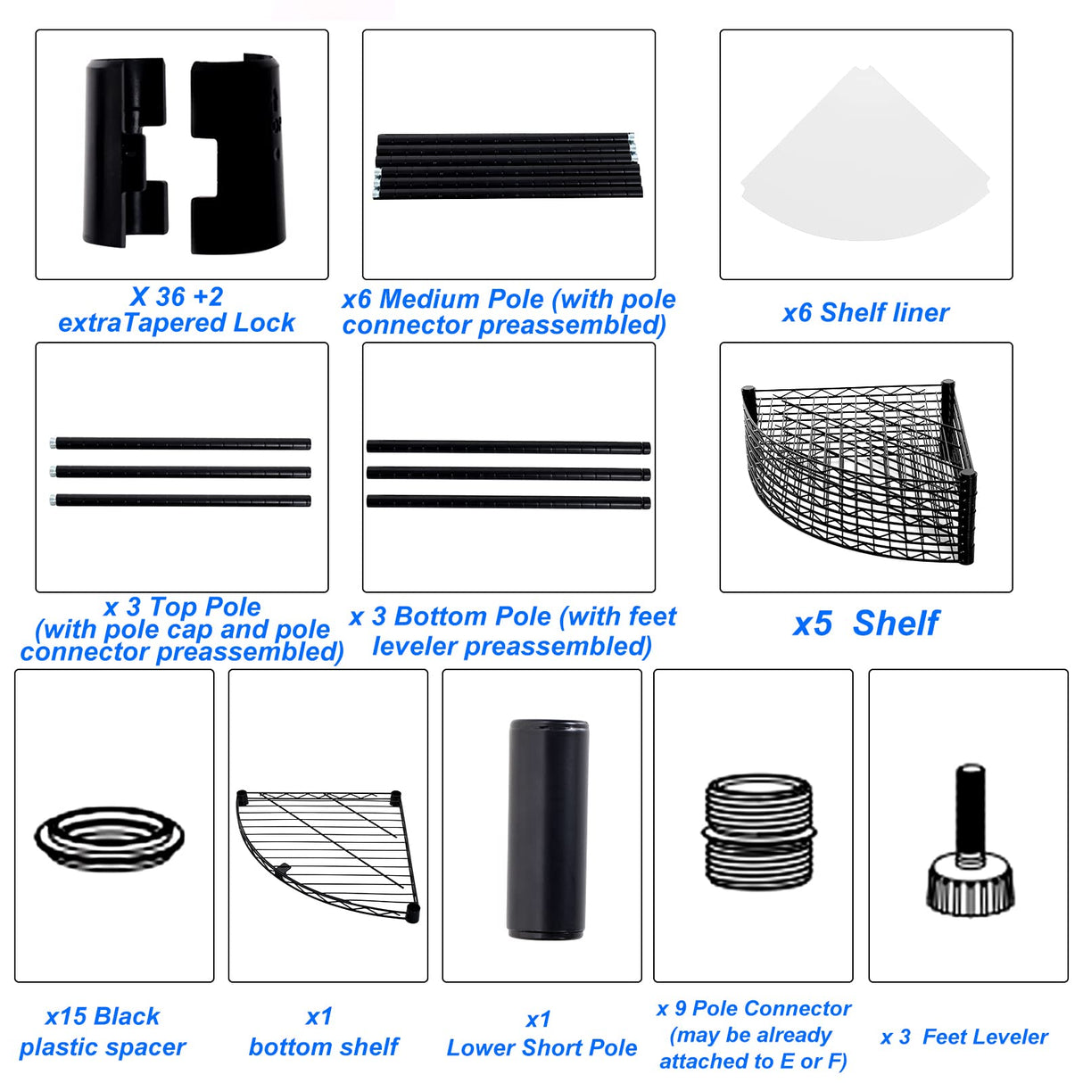 6 Tier NSF Metal Corner Shelf Wire Shelving Unit, 420lbs Capacity Heavy Duty Adjustable Storage Rack with Shelf Liners for Closet Kitchen Bathroom Garage Basement, 72" H x 18" L x 18" D - Black pouseayar