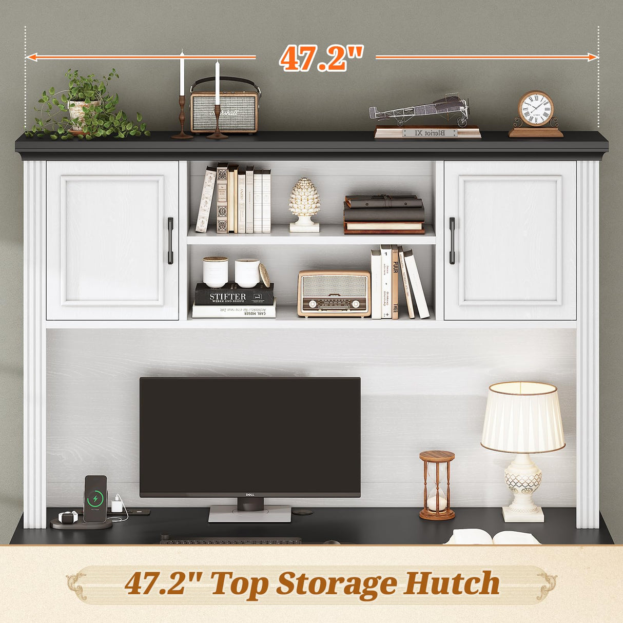 SEDETA Farmhouse Computer Desk with Hutch and 3 Drawers, 47.2" Executive Office Desk with Storage Drawers, Wood Desk with Power Outlet for Home Office, White SEDETA