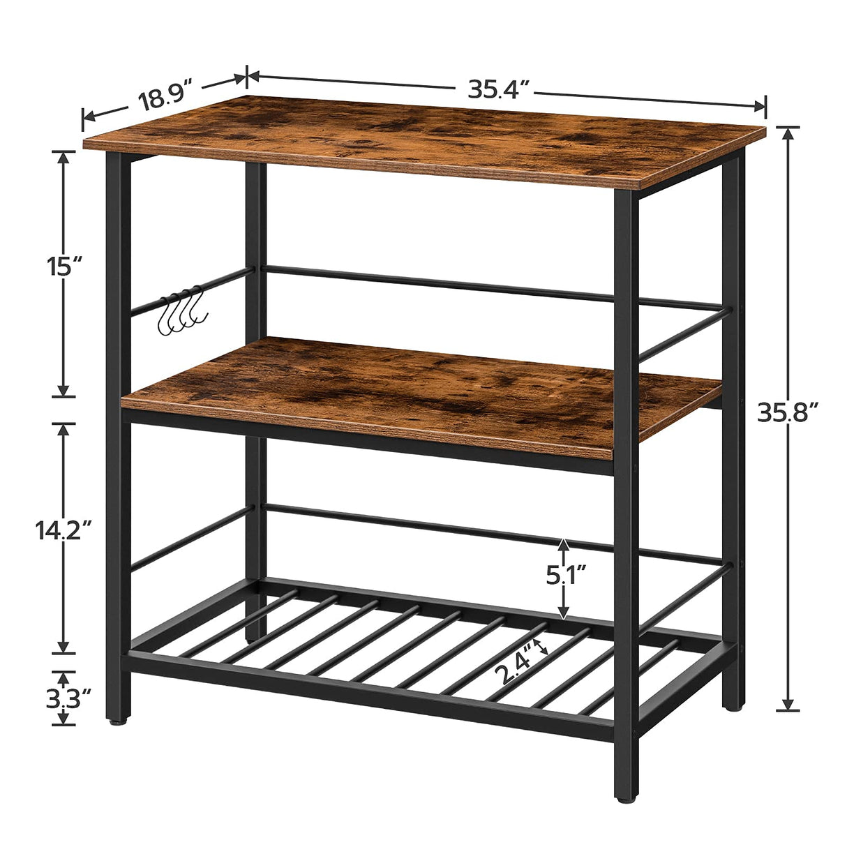 HOOBRO Kitchen Island with Wine Rack, Industrial Kitchen Counter with Hooks and Protective Rails, 3 Tier Kitchen Shelf with Large Workstation, Easy Assembly, Rustic Brown BF02ZD01 HOOBRO