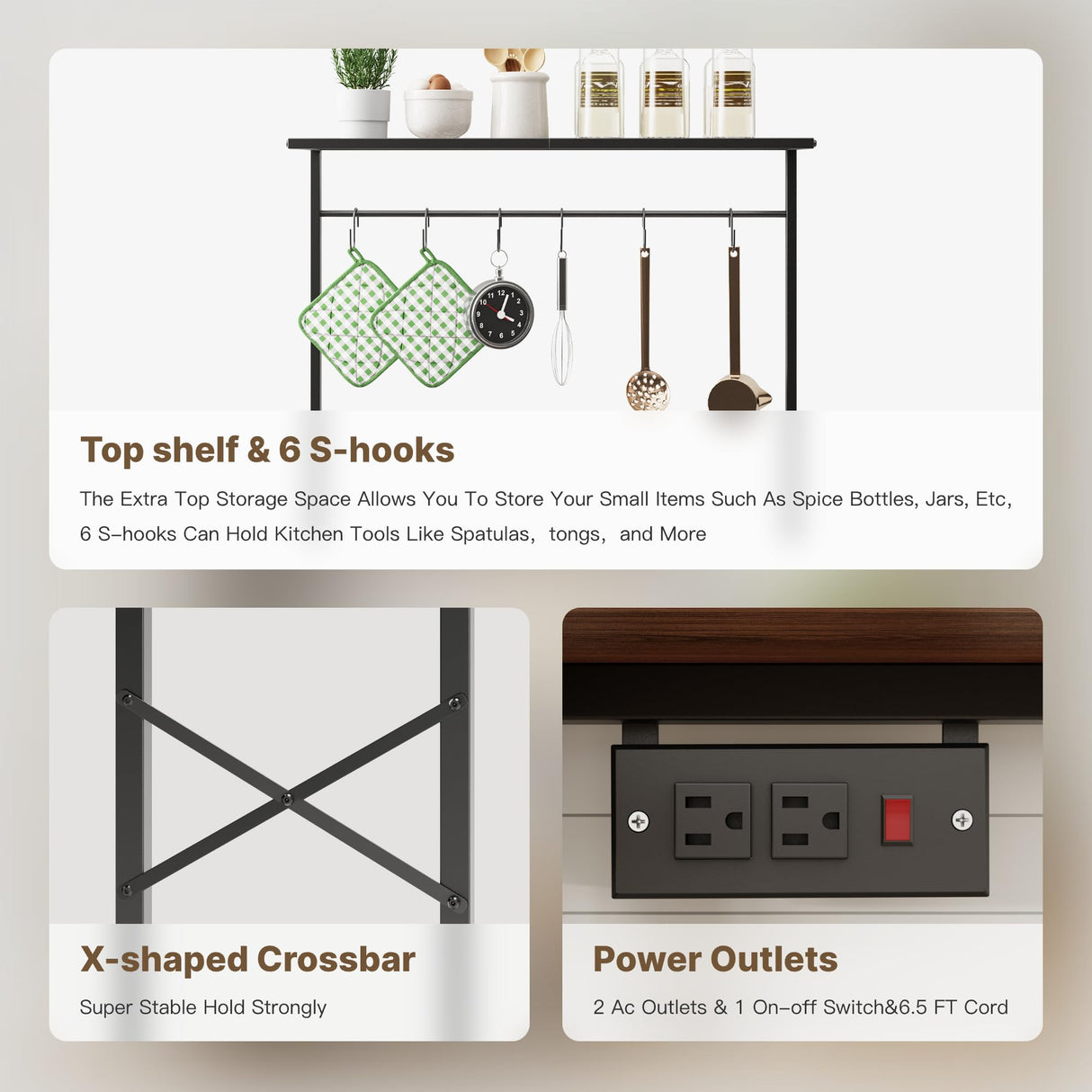 Txecpro kitchen Bakers Rack with Power Outlet, Coffee Bar Table 4 Tiers, Microwave Stand with 6 S-shaped Hooks, Kitchen Storage Shelf Rack for Spices, Pots and Pans,25.6" L x 12" W x 53.5" H Txecpro