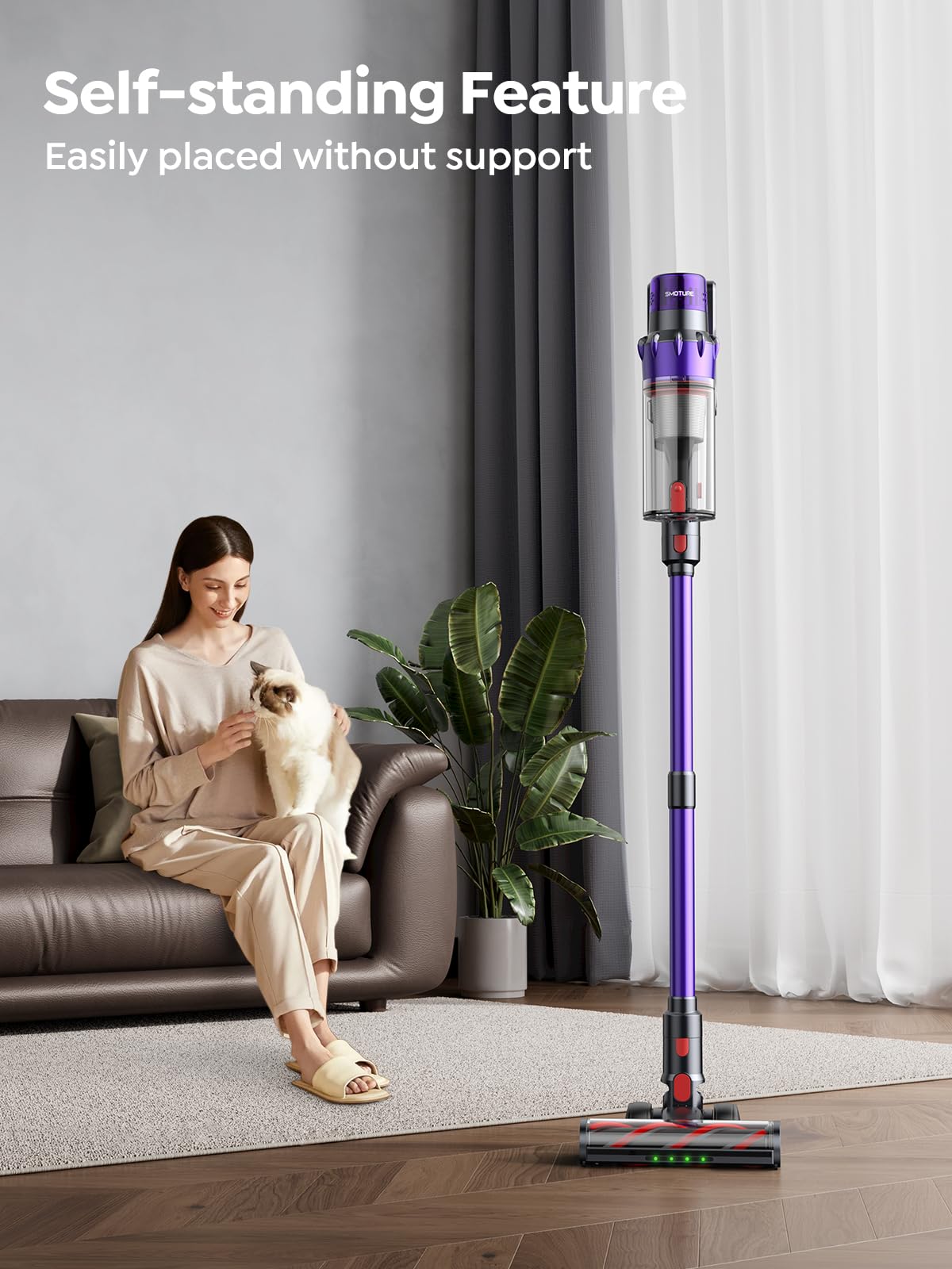 Cordless Vacuum Cleaner, 550W 45KPA 60 Mins Runtime Vacuum Cleaners for Home, Stick Vacuum with Self-Standing, Wall Mount Charging and Intelligent Auto Mode, Handheld Vacuum for Pet Hair/Carpet/Floor SMOTURE