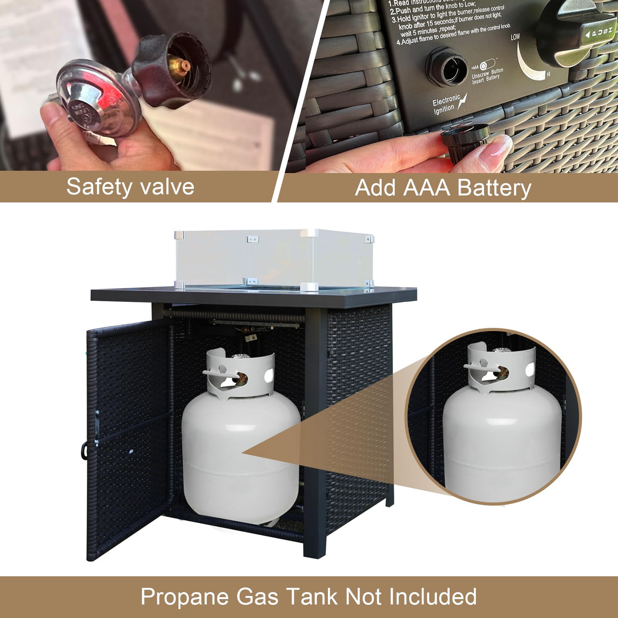 Ophelian 8-Piece Patio Furniture Rattan Wicker Outdoor Set Sectional Sofa with 28" Gas Fire Pit Table and Cushions, Conversation Set for Backyard, Patio, Garden, Brown/Beige Ophelian