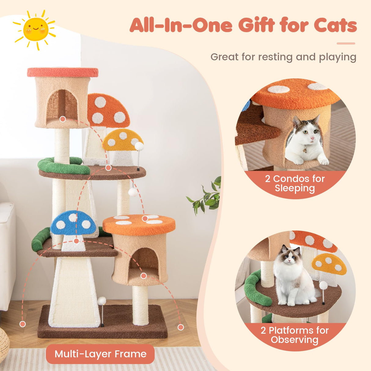 Tangkula Mushroom Cat Tree, Multi-Level Cute Cat Tower with Full-Wrapped Sisal Posts, Scratching Boards & Interactive Balls, 2 Cat Condo, Flower Cat Tree Tower for Indoor Cats Large Adult (57.5 Inch) Tangkula