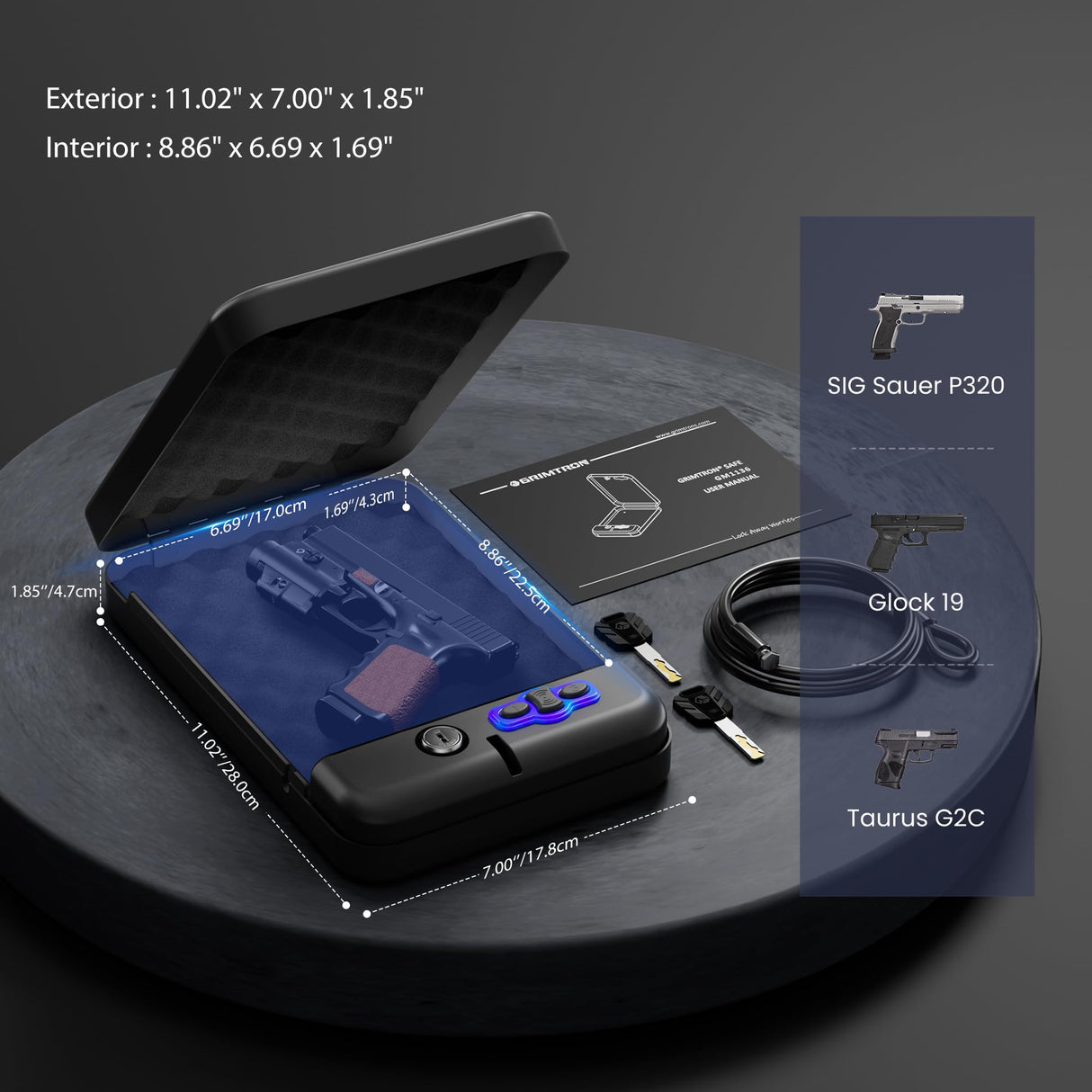 Grimtron Portable Pistol Safe – Electronic Lock Box & Key Access, Silent Mode, Compact Car Gun Safe for Handgun, Small Single Safe for Travel, Office, Dorm Use Grimtron