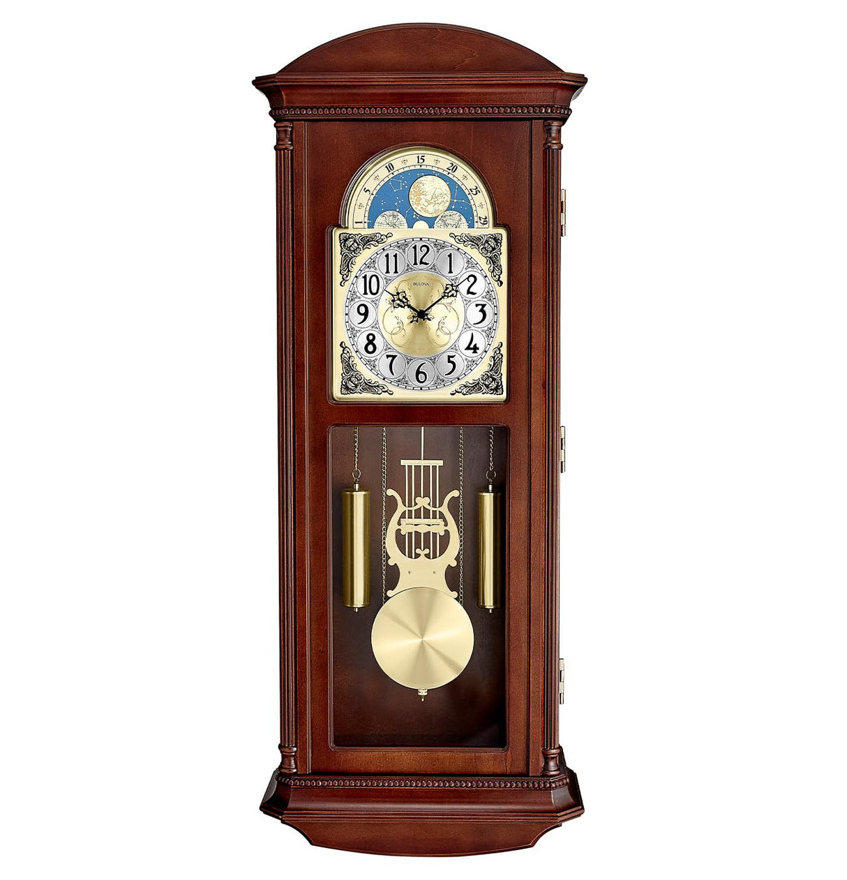 Bulova Litchfield Large Regulator Wall Clock, Model C4332 | Classic Pendulum Design | Harmonic Hourly Chime | Brown Cherry Finish Bulova