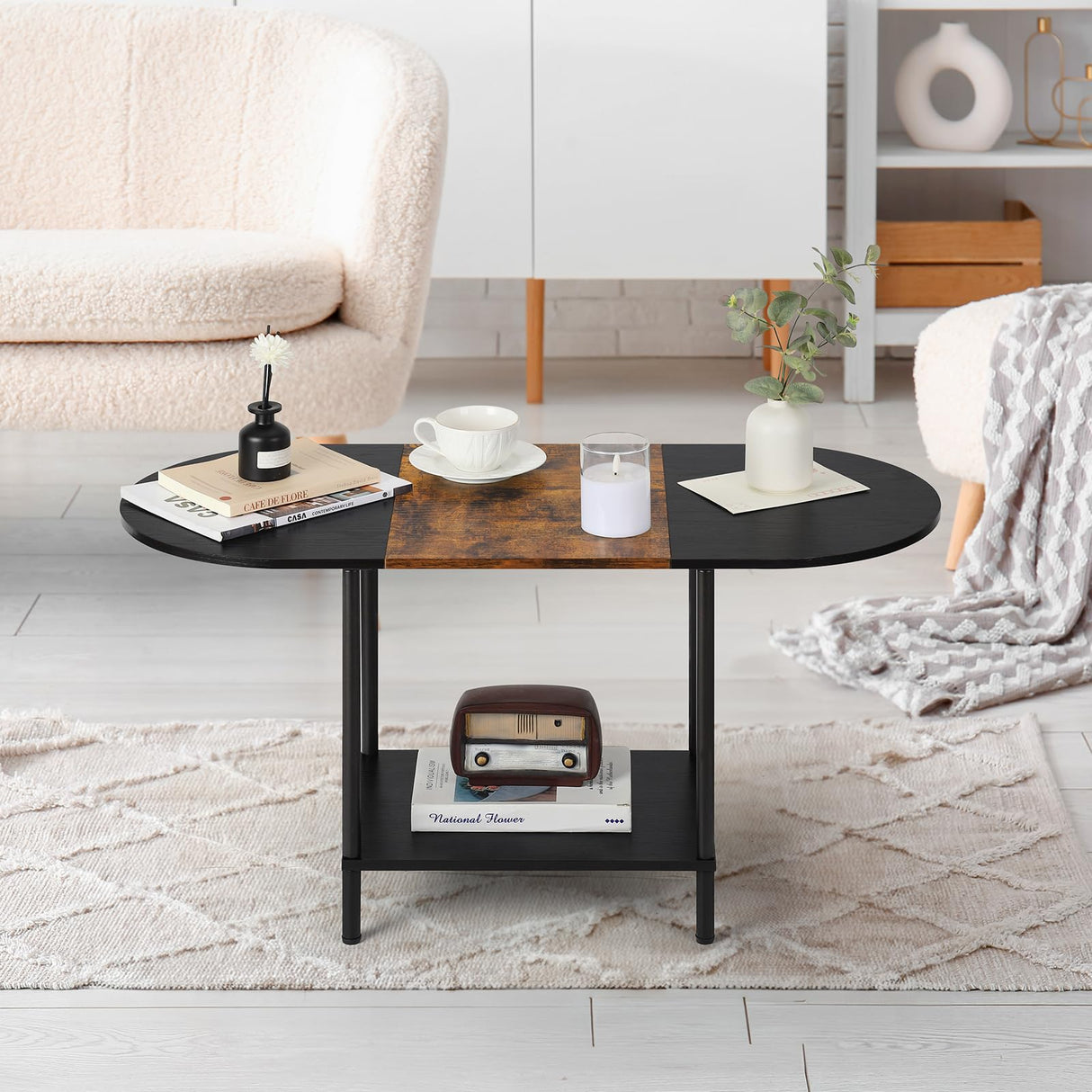 Coffee Tables for Living Room,2-Tier Small Oval Center Table Industrial Modern Style Coffee Tables with Storage Shelf and Wood Tabletop for Small Space,Home Office,Brown & Black Shinoske