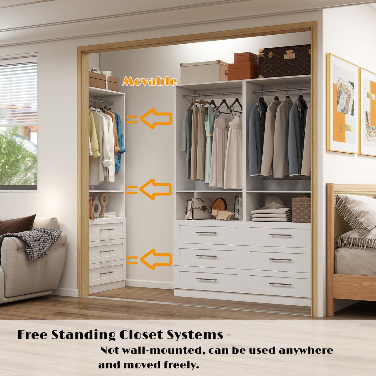 Dilando Closet System with Drawers, 8FT Wood Closet Organizer System Walk-in Closet Standalone Corner Closets Storage with Hanging Rods, White (8FT) Dilando