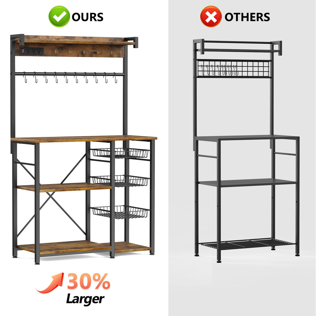 Kalrin Rustic Brown Large Bakers Rack with Power Outlets, Hooks, and Wire Baskets for Organised Kitchen Storage Kalrin