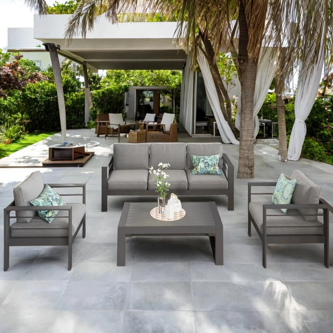 Solaste Aluminum Patio Furniture Set, 4 Pcs Modern Outdoor Conversation Set Sectional Sofa with Upgrade Cushion and Coffee Table,Grey Solaste