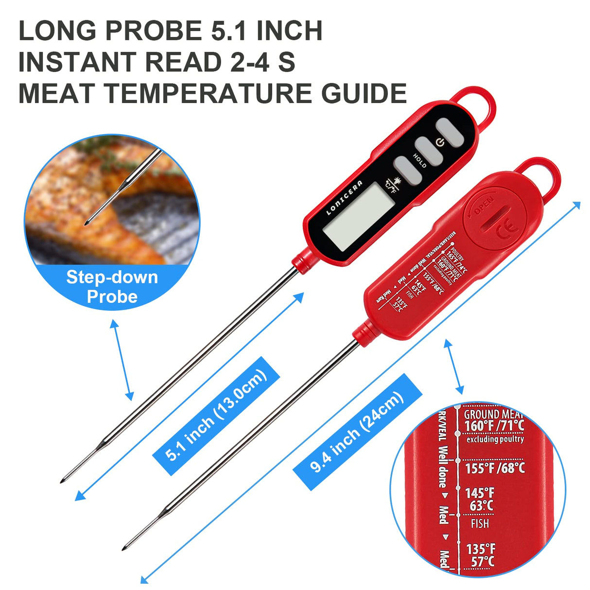 Lonicera Digital Cooking Thermometer for Bread Baking, Food and Water Temperature Measurement. Waterproof and Long Stem with Meat Temp Guide, Display with Backlit (Red) LONICERA