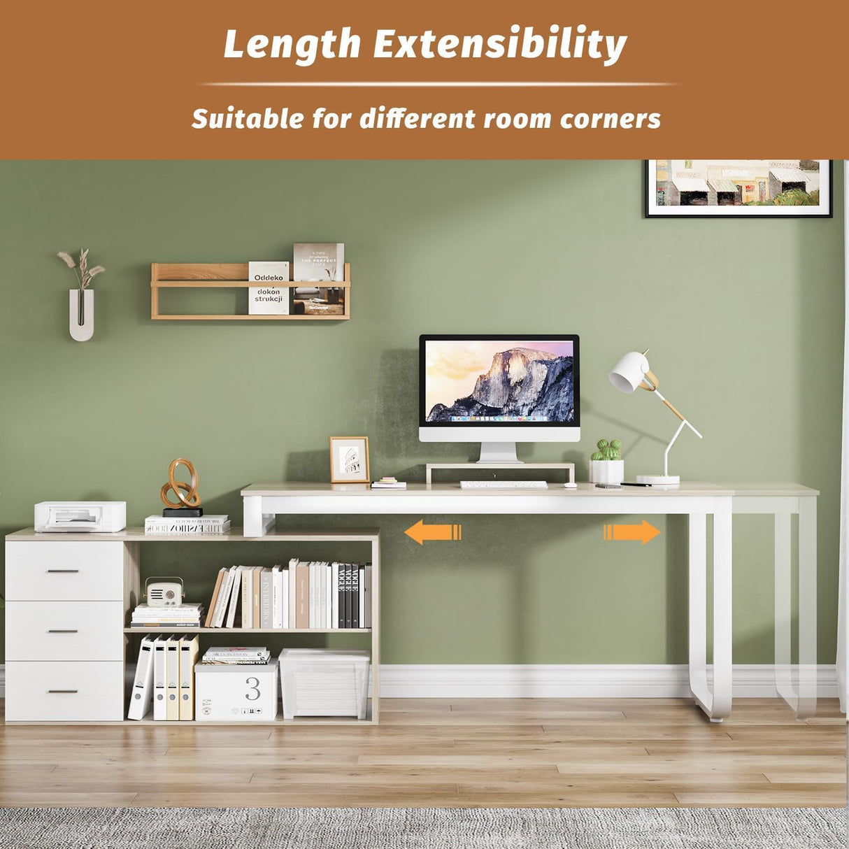 HOMBCK L Shaped Desk with Drawers and Shelves, 55" Craft Desk with Storage, Removable Monitor Stand, Reversible L Shaped Desk, Corner Desk for Bedroom,Home Office, Walnut and White HOMBCK