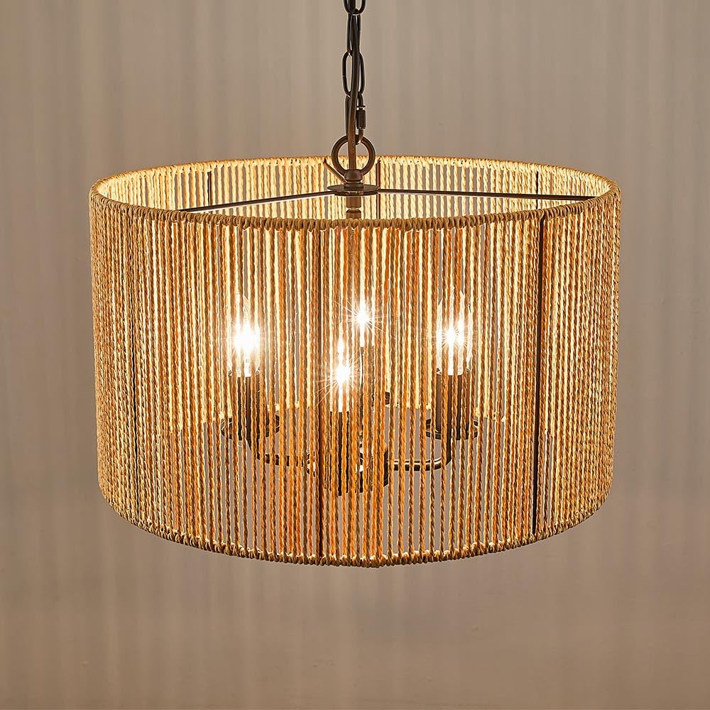 TELAFLY Rattan Wicker Drum Chandelier Light Fixtures,4 Light Boho Pendant Light Farmhouse Rustic Hand Woven Lighting for Dining Room Kitchen Island Living Room Bedroom TELAFLY