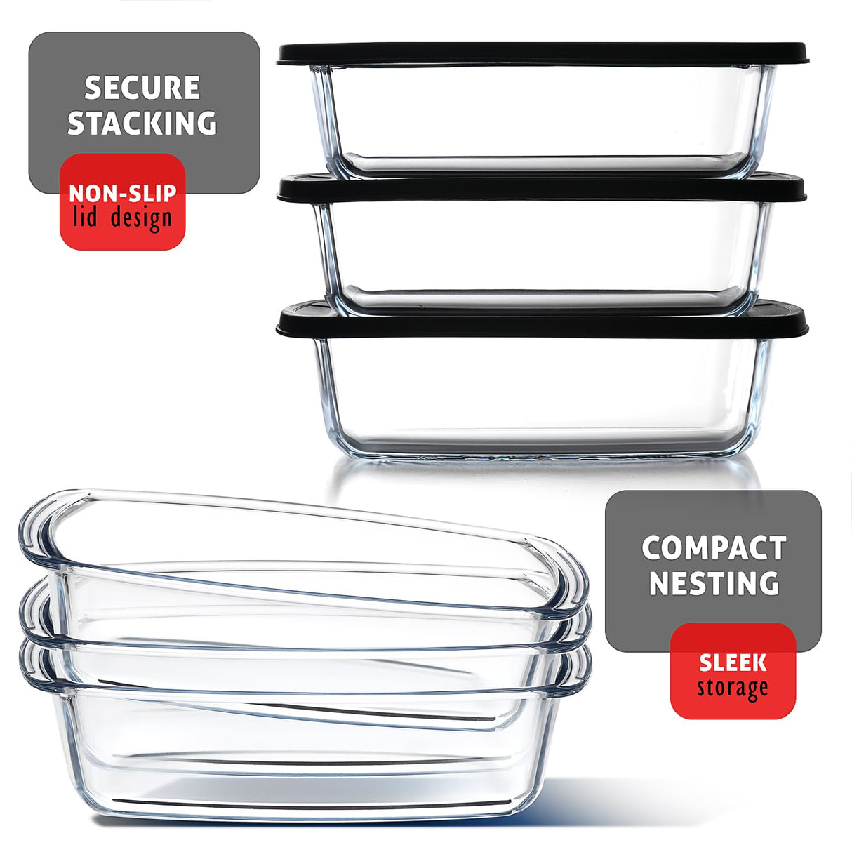 EATEX Glass Bread Pans for Homemade Bread Baking, 1.9 Qt Deep Glass Food Storage Containers with Lids Glass, 3 Glass Bread Loaf Pans 3 Airtight Lids EATEX