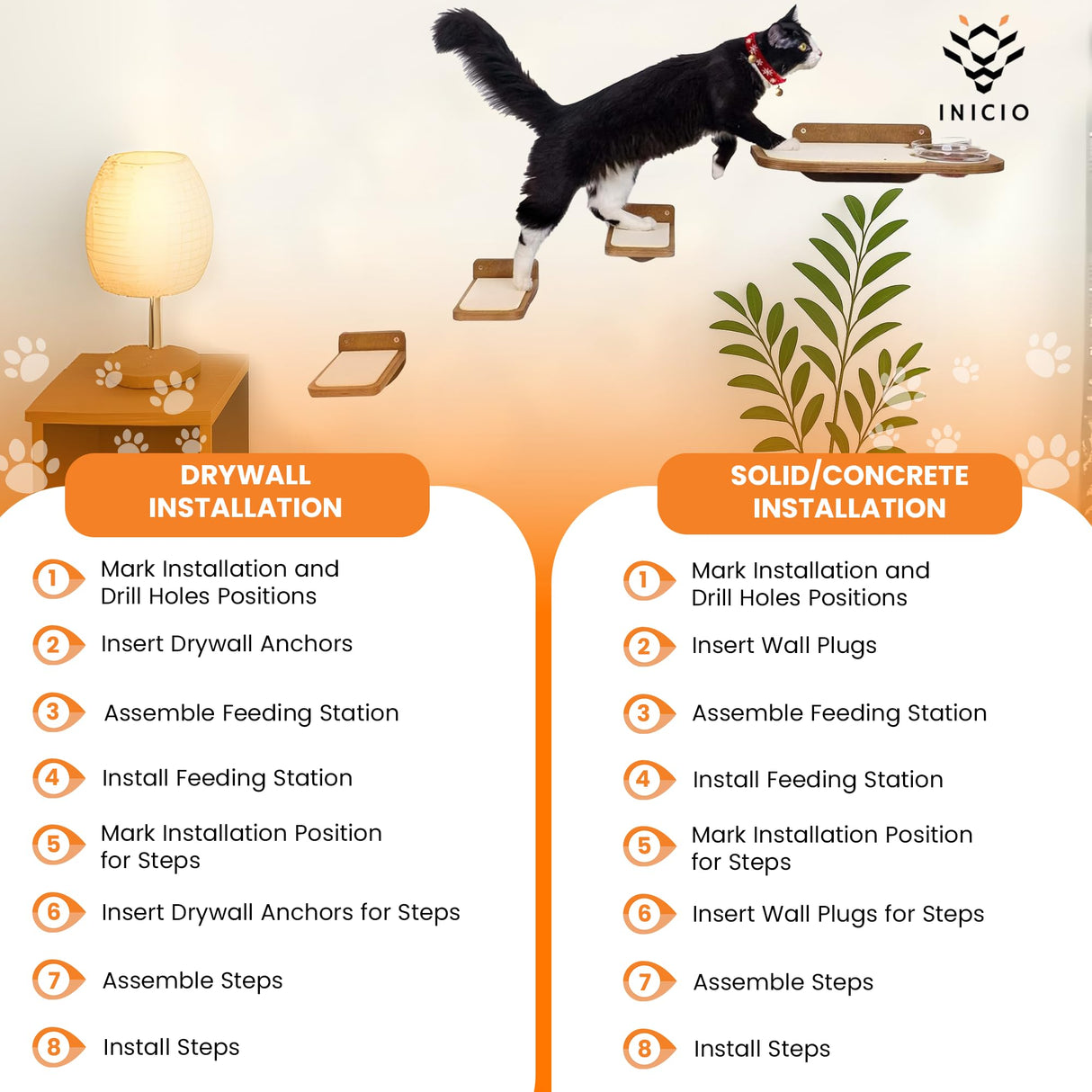 INICIO Cat Wall Shelves – Dog Proof Feeding Station with Wall Mounted Shelves, Durable 3 Step Birch Floating Shelf for Cats Up to 17lbs, Includes Attached Cat Food Bowl for Convenient Feeding – Brown INICIO