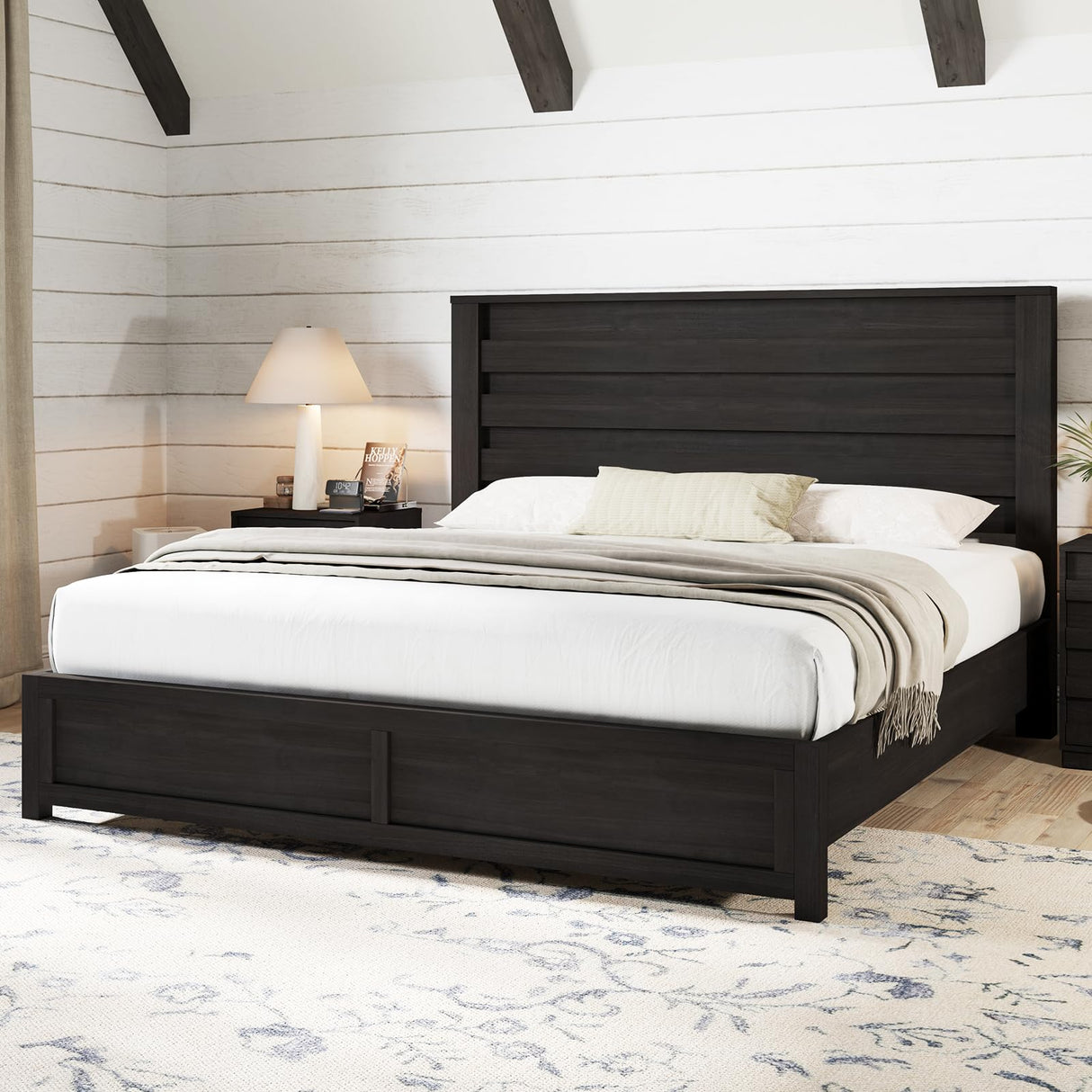 AMERLIFE Farmhouse King Size Bed Frame with 49" Fluted Headboard, Wood Platform Bed with Natural Grain, No Box Spring Needed/Noise Free, Black AMERLIFE