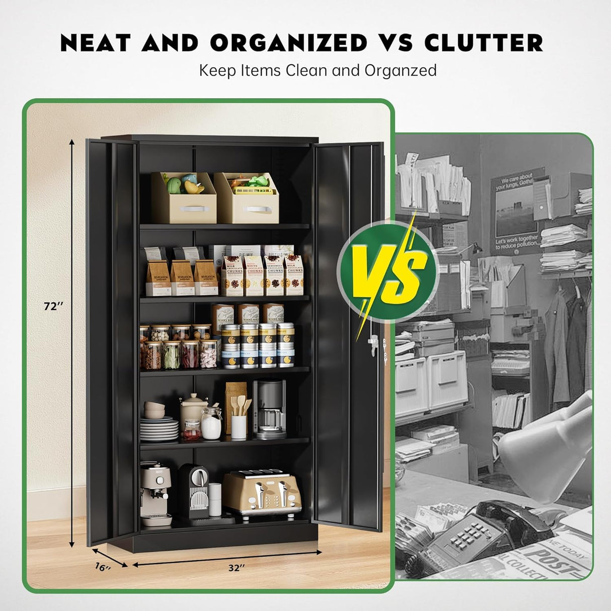 Greenvelly Metal Storage Cabinet with Lock,71" Steel Garage Storage Cabinet with 2 Doors and 4 Adjustable Shelves,Lockable File Cabinet, Metal Tool Cabinets for Office,Home,Garage,Gym,School (Black) Greenvelly