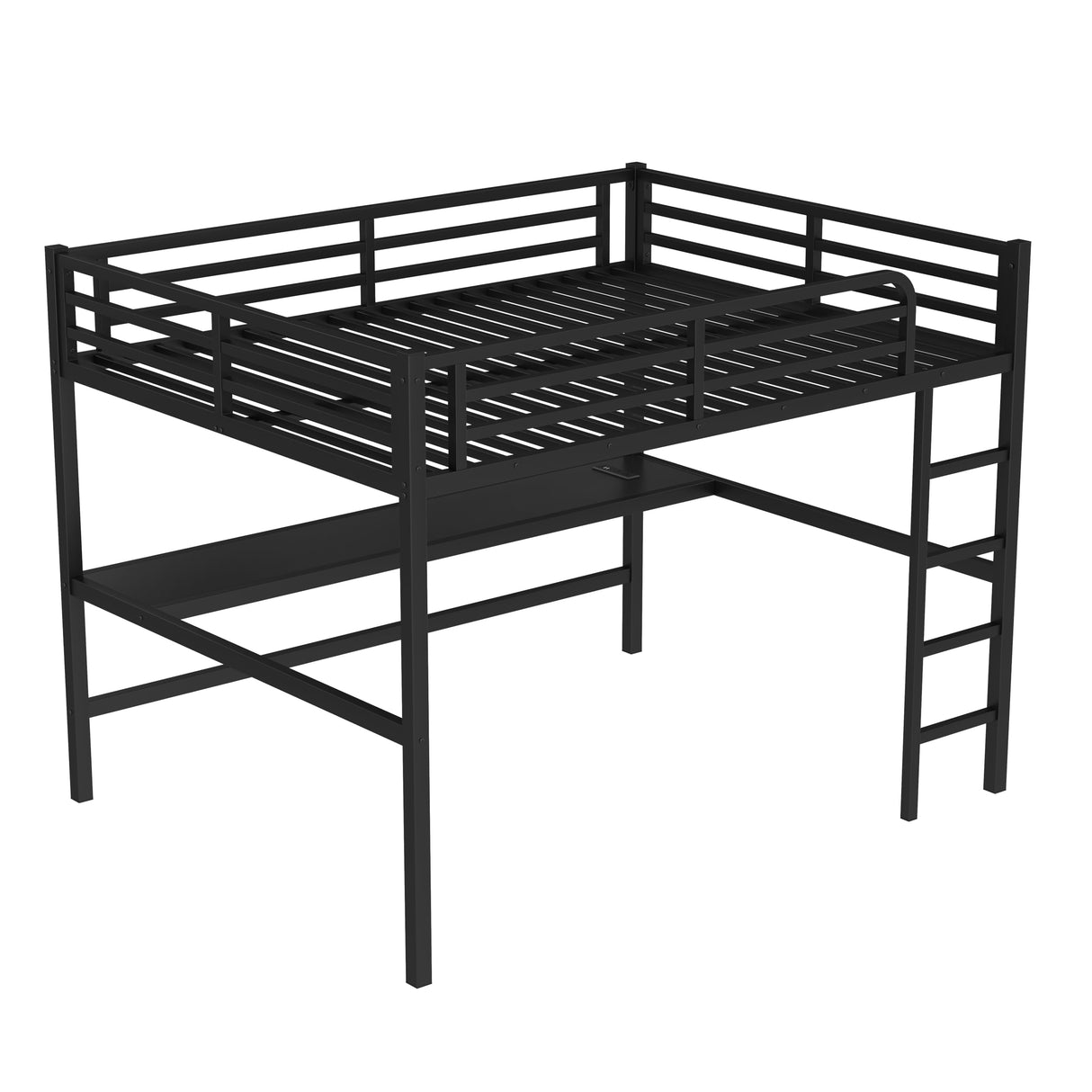 KEIKI Metal Queen Size Loft Bed with Power Outlet and LED Lighted, Space-Saving, Noise Reduced, Black KEIKI