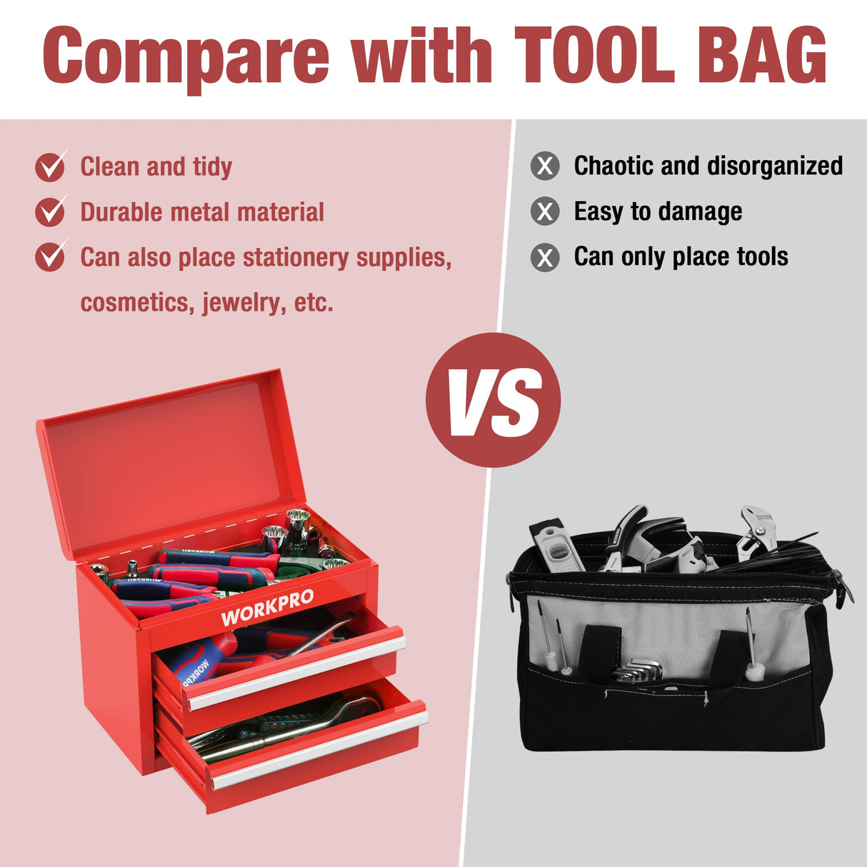 WORKPRO Mini Metal Tool Box with 2 Drawers and Top Storage, Small Tool Chest with PVC Liners and PP Feet Pads, Cold Rolled Steel Toolbox with Magnetic Tab WORKPRO