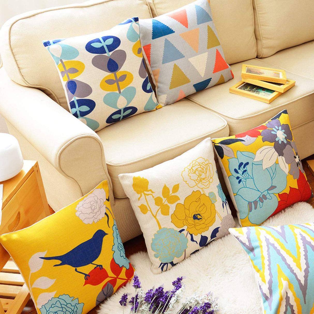 sykting Floral Spring Summer Pillow Covers 18x18 Pack of 2 Farmhouse Cotton Linen Outdoor Pillow Covers for Patio Furniture Porch Blue and Yellow Throw Pillow Covers for Couch Sofa Bed Chair sykting