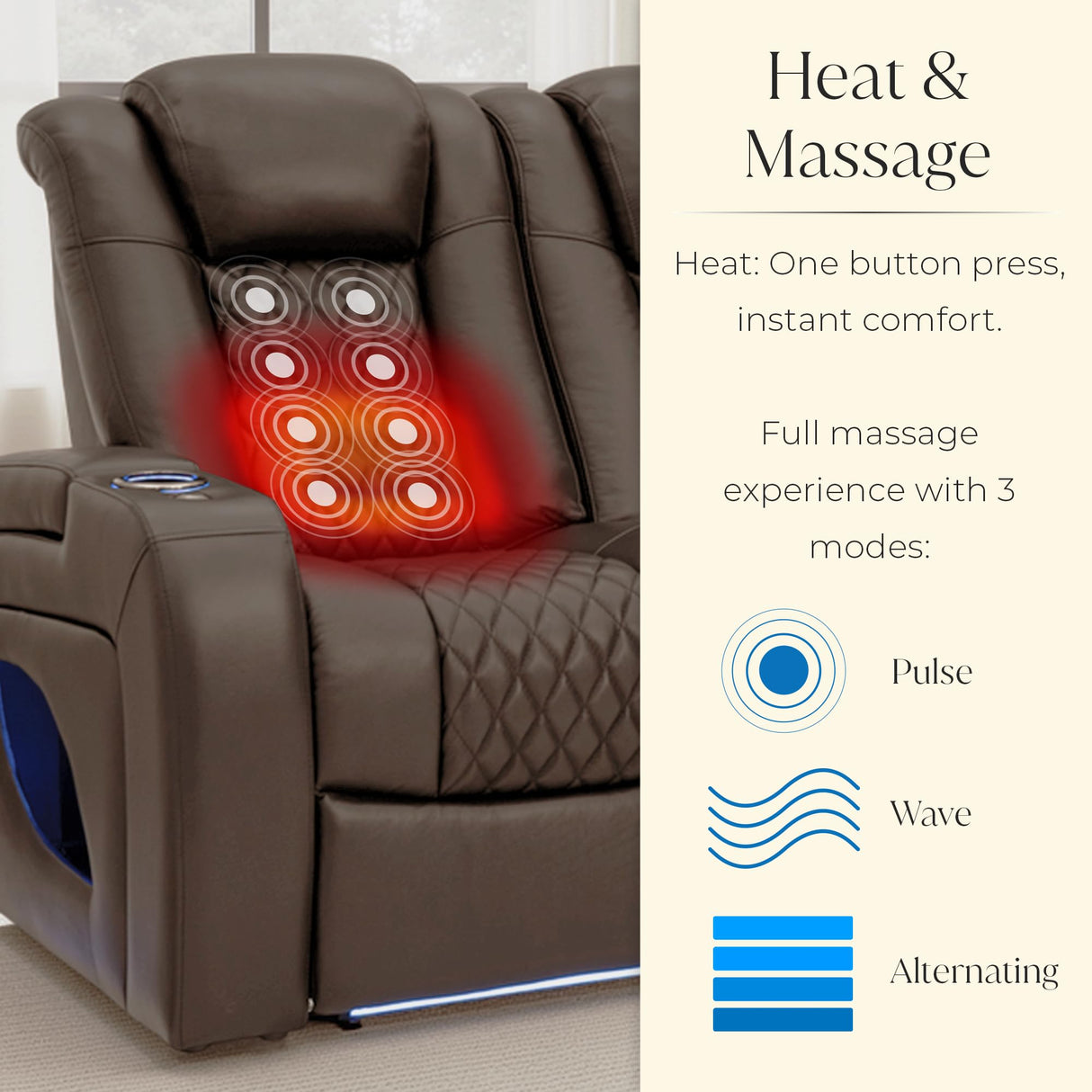 Seatcraft Anthem LT Zero-Gravity HeatZero Italian Leather Sofa w/Fold-Down Table Home Theater Seating, Heat & Massage, Power Headrest, Power Recline, Brown Seatcraft