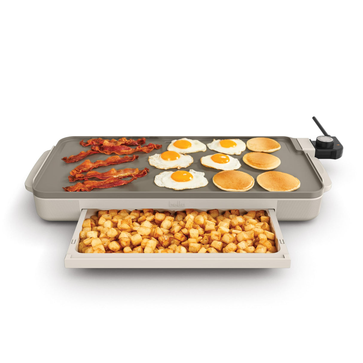 bella 10" x 20" Electric Griddle with Warming Tray, EverGood™ Ceramic Nonstick Coating & Removable Temperature Probe, Dishwasher-Safe Drip Tray & Cool Touch Handles, 1500 Watt, Oatmilk BELLA