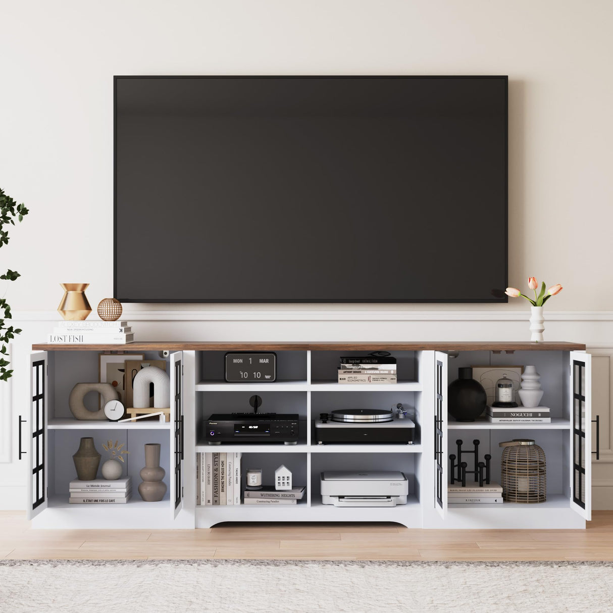 Bobve Farmhouse TV Stand for TVs up to 100", Modern Entertainment Center with 2 Cabinets and 3-Tier Open Shelves, Rustic TV Console for Living Room, Bedroom, White Bobve