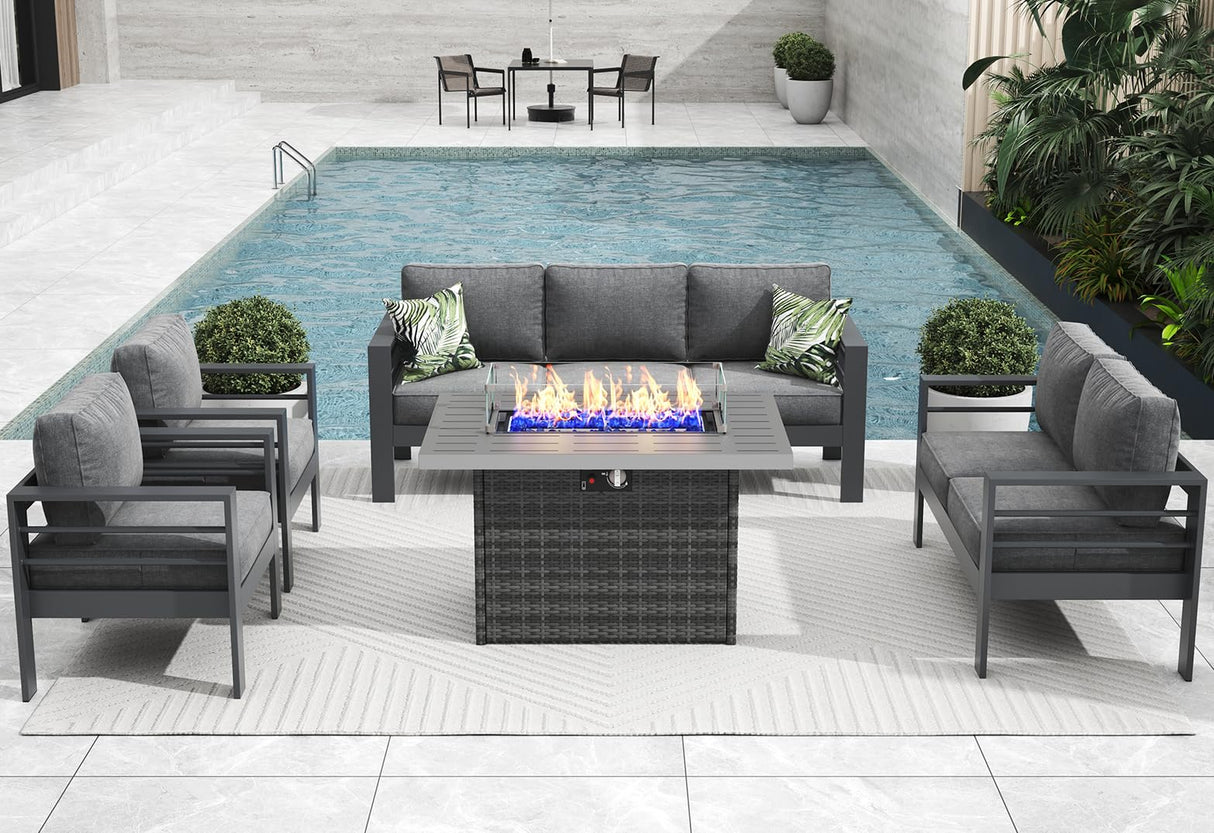 Vakollia 5 Pieces Modern Aluminum Patio Furniture Set with Fire Pit Table, Outdoor Conversation Sets Metal Sectional Sofa Vakollia