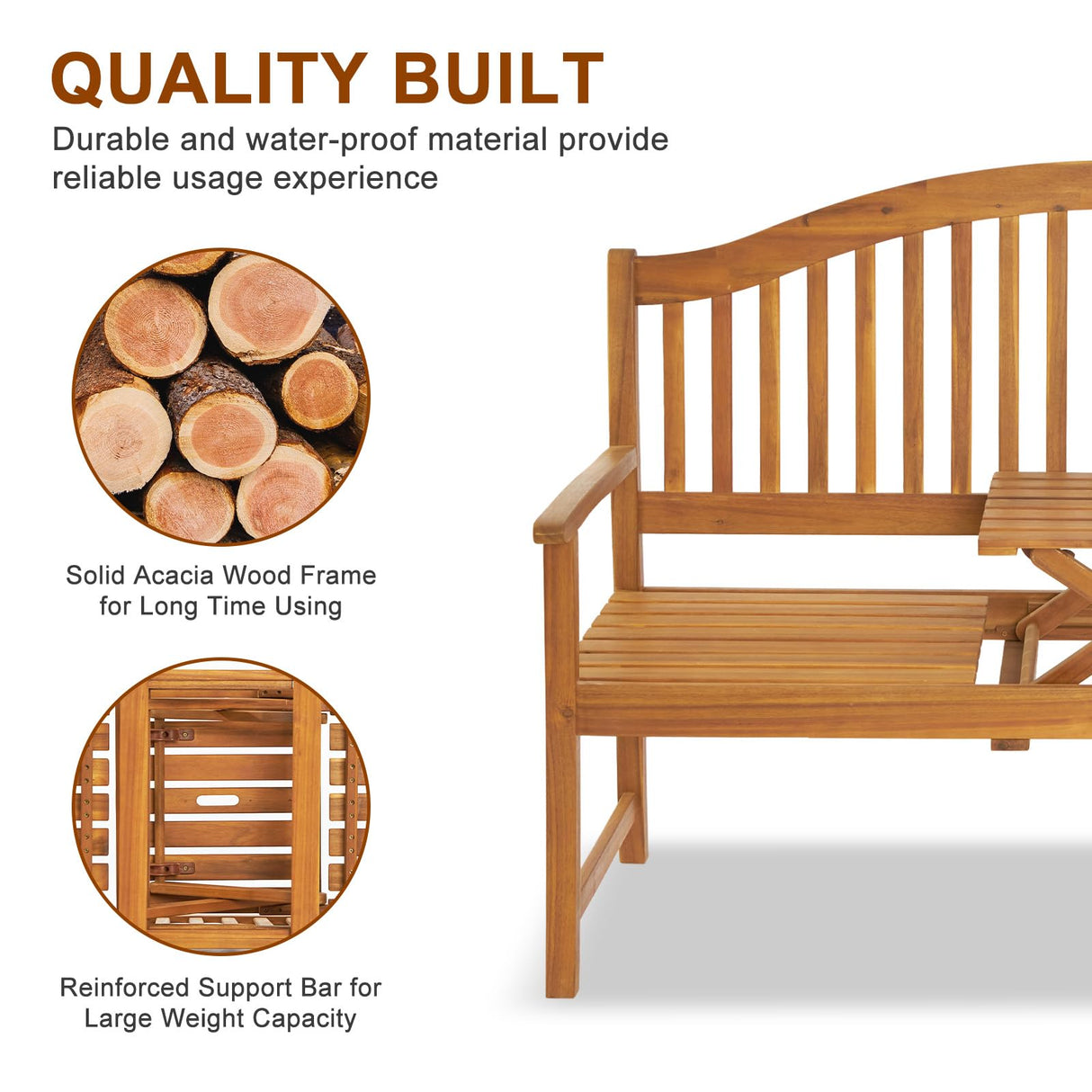 VINGLI 59” Outdoor Bench Garden Bench, Acacia Wood Porch Bench with Table, Wooden Patio Seating for Poolside Balcony Backyard VINGLI