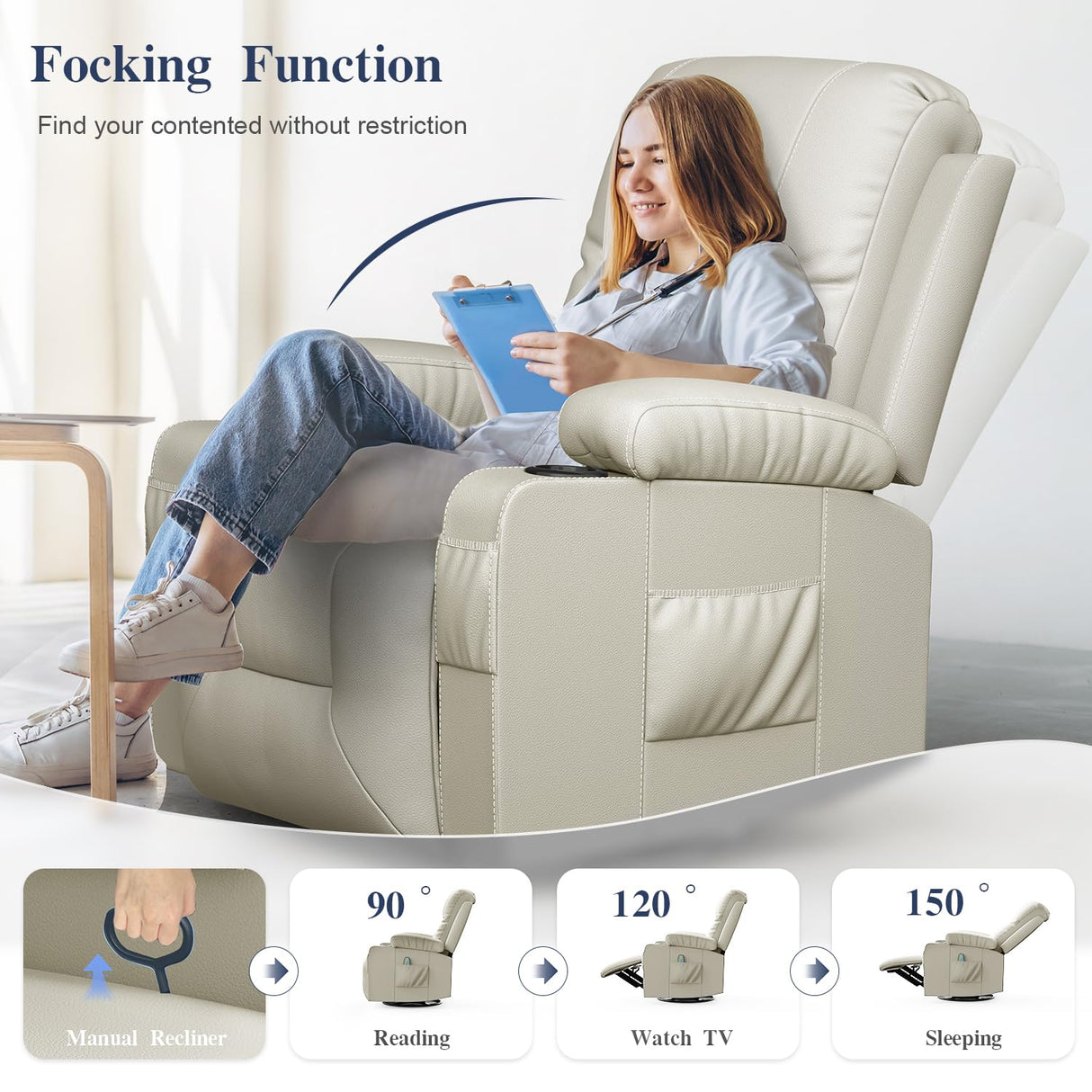 FURNIMAT Recliner Chairs for Adults, Massage Rocker with Heated Modern Ergonomic Lounge 360 Degree Swivel Single Sofa Seat Living Room Lounge Recliners Ivory White FURNIMAT