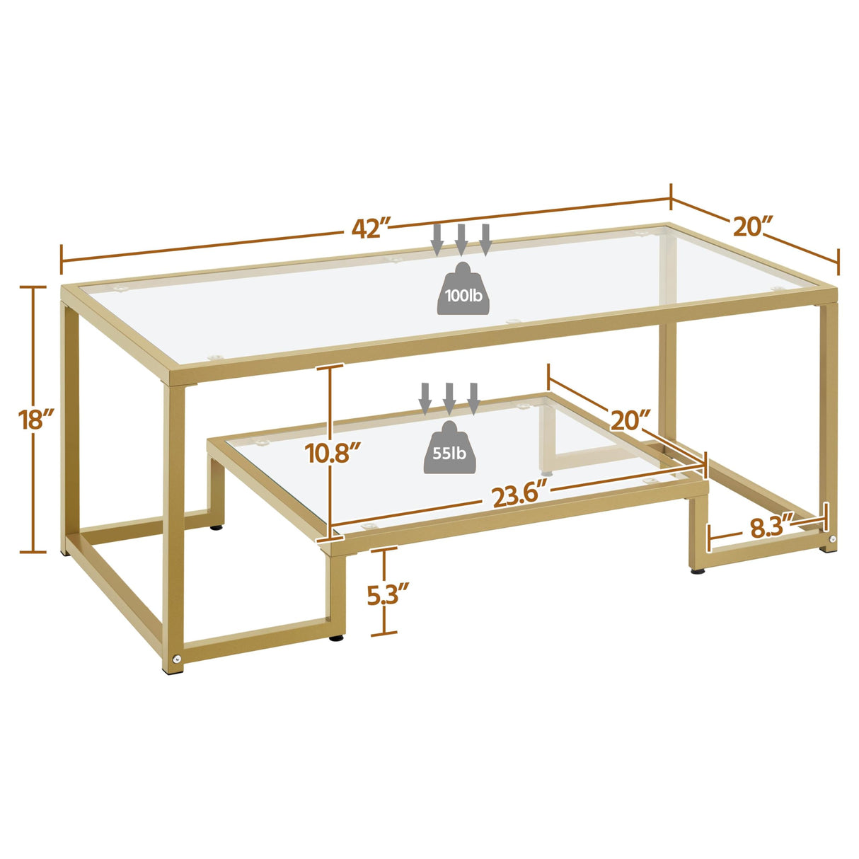 Yaheetech Gold Coffee Table, 42" Rectangular Glass Coffee Table for Living Room, 2-Tier Center Tea Tables with Metal Frame for Small Space, Apartment, Office Yaheetech
