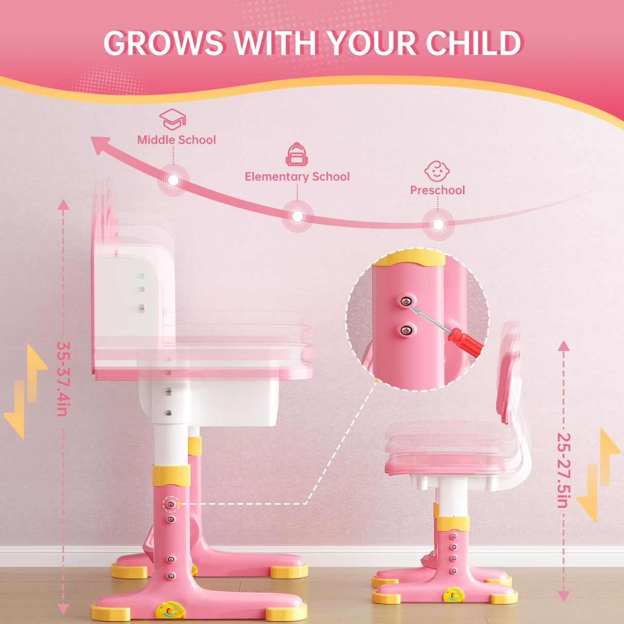 Xaperexi Kids Desk and Chair Set, Height Adjustable Child's School Study Writing Tables, Kids Desk with Bookstand and Storage Drawer, Widened Desktop with Desktop for Boys and Girls Xaperexi