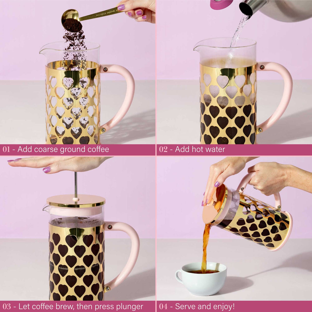 Paris Hilton French Press Coffee Maker With Heart Shaped Measuring Scoop, 2-Piece Set, 8-Cup or 34-Ounce, Pink Paris Hilton