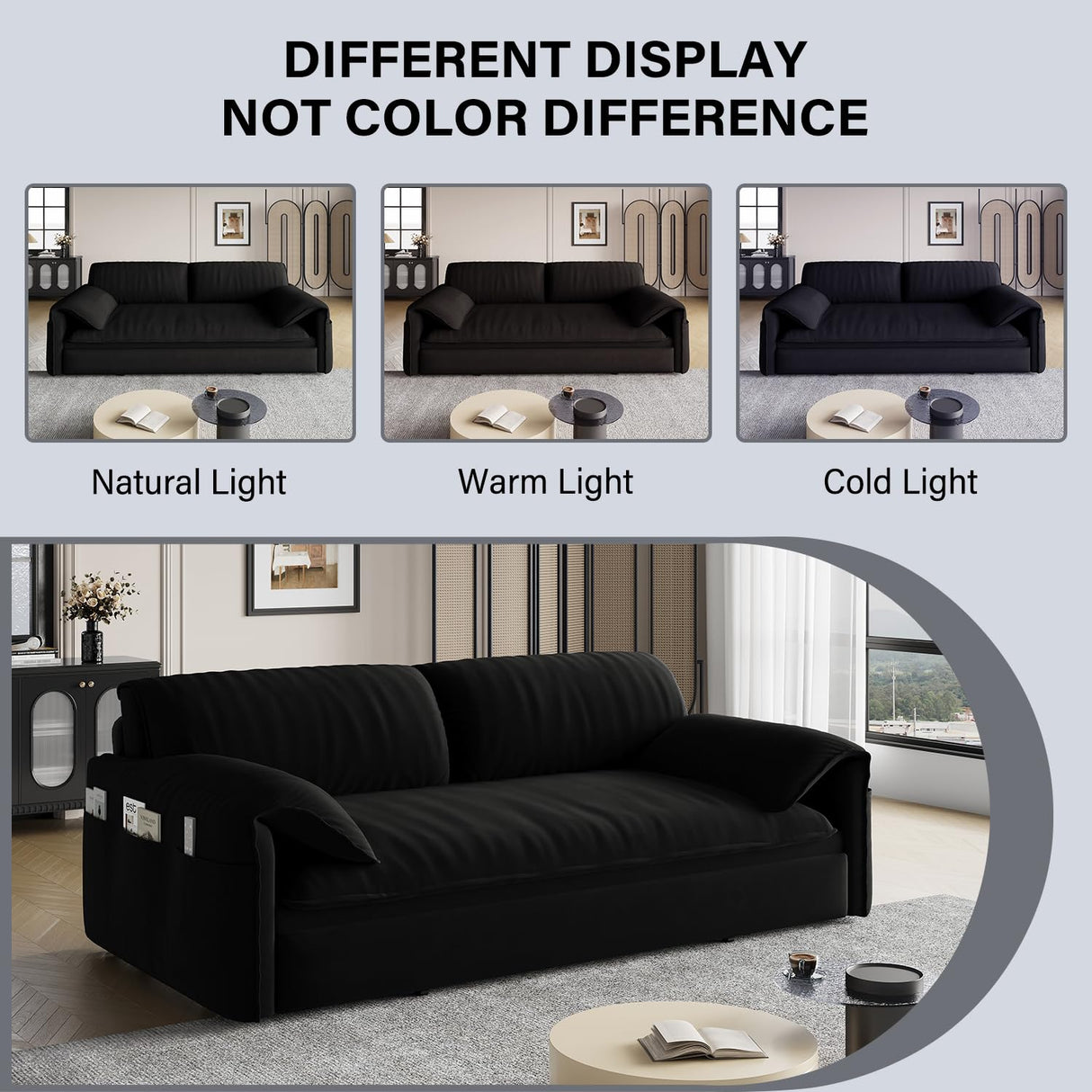 Winterstorm 62" Queen Pull Out Futon Sofa Bed with USB Ports, 3-in-1 Modern Convertible Sleeper Sofa with Side Pocket, Comfy Velvet Loveseat Couch for Living Room Bedroom Apartment (Queen, Black) Winterstorm