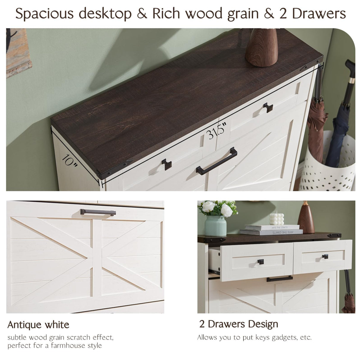 Barnyatoh Shoe Cabinet Storage for Entryway, Farmhouse Hidden Shoe Organizer with 2 Flip Drawers & 2 Drawers,Narrow Shoe Rack for Front Door Entrance with Adjustable Shelves (Antique White) Barnyatoh