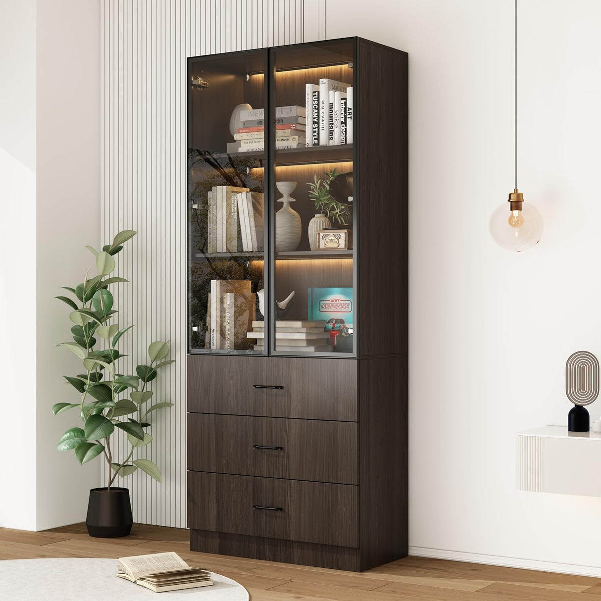 TAMUNE Display Cabinet with Glass Doors & Lights, Display Case with 3-Tier Shelves & 3 Drawers, Glass Storage Cabinet for Curio Trophy Living Room Office, Brown, 15.7”D x 31.5”W x 78.7”H TAMUNE