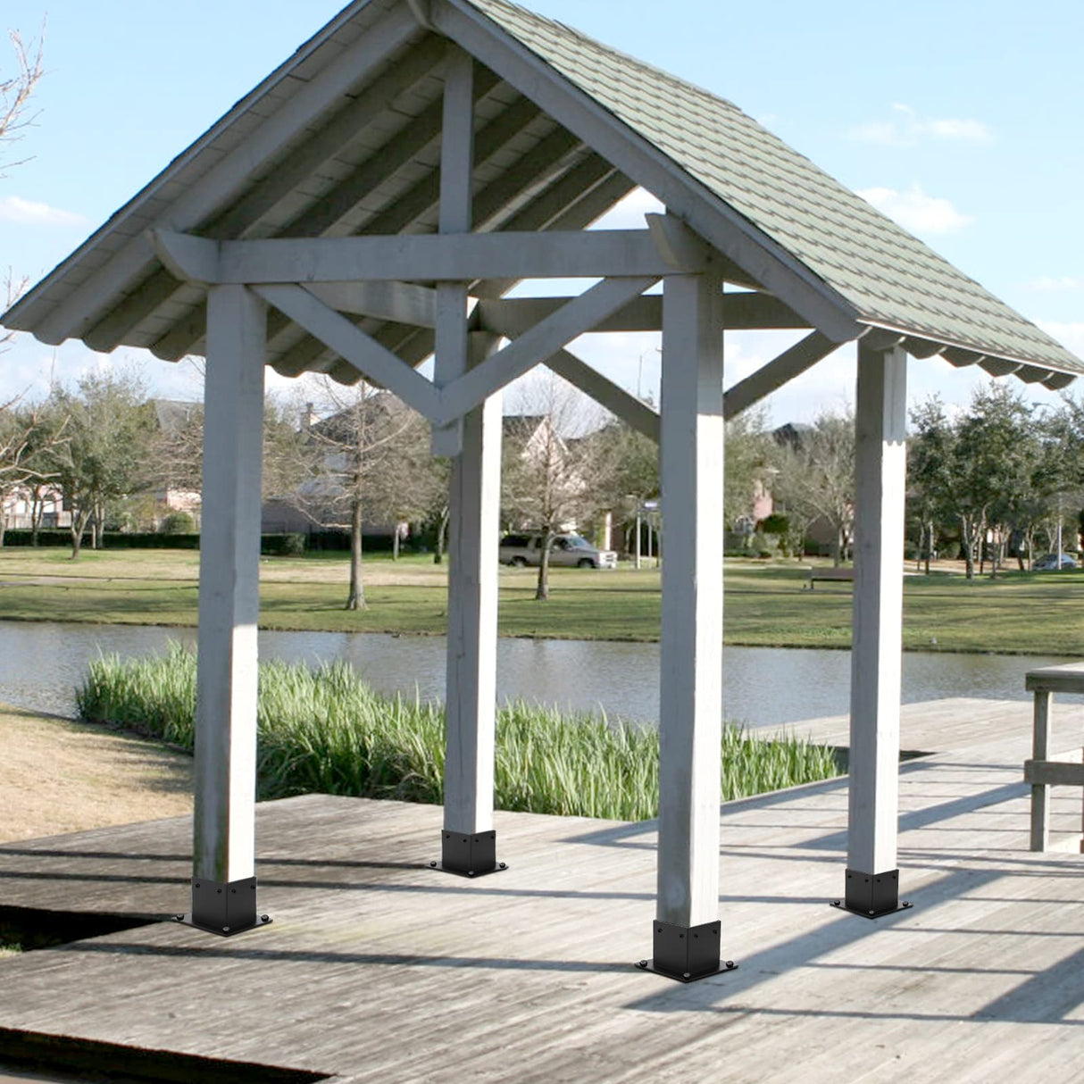 Yesland 4 Pack 4 x 4 Post Base, Inner Size 3.6 X 3.6 Inch Iron Post Bracket with Black Coating Heavy Duty Flange Anchor Base, Support Deck Base with Screws for Pavilion, Deck Railing, Fence, Mailbox Yesland