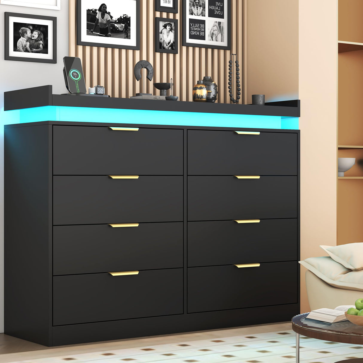 knoworld 8 Drawer Dressers for Bedroom, Black Dresser with LED Lights and Power Outlet, Modern Large Dresser Wooden Long Dresser, Double Wide Dresser for Bedroom, Living Room, Entryway, Hallway knoworld