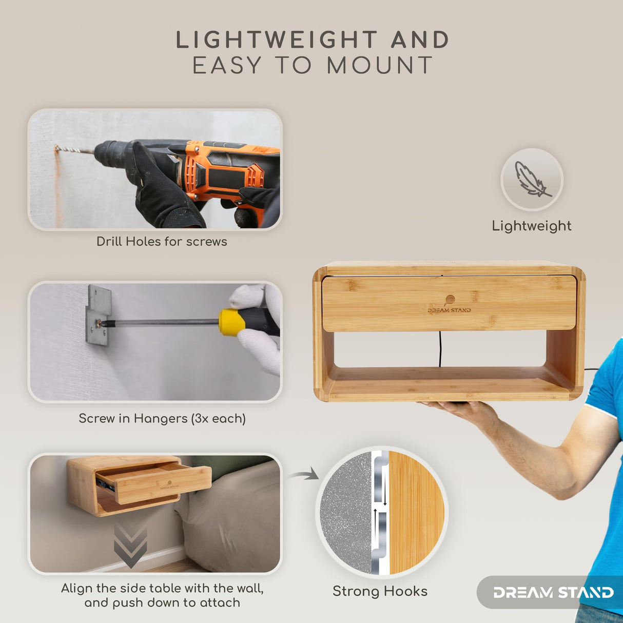 Floating Nightstand with Drawer & Charging station/Wall Mounted Bedside Table, Floating Shelf Nightstands for Small Spaces/Modern Bamboo Wall Mounted Night stand for Bedroom & Living Room/Easy Install Generic