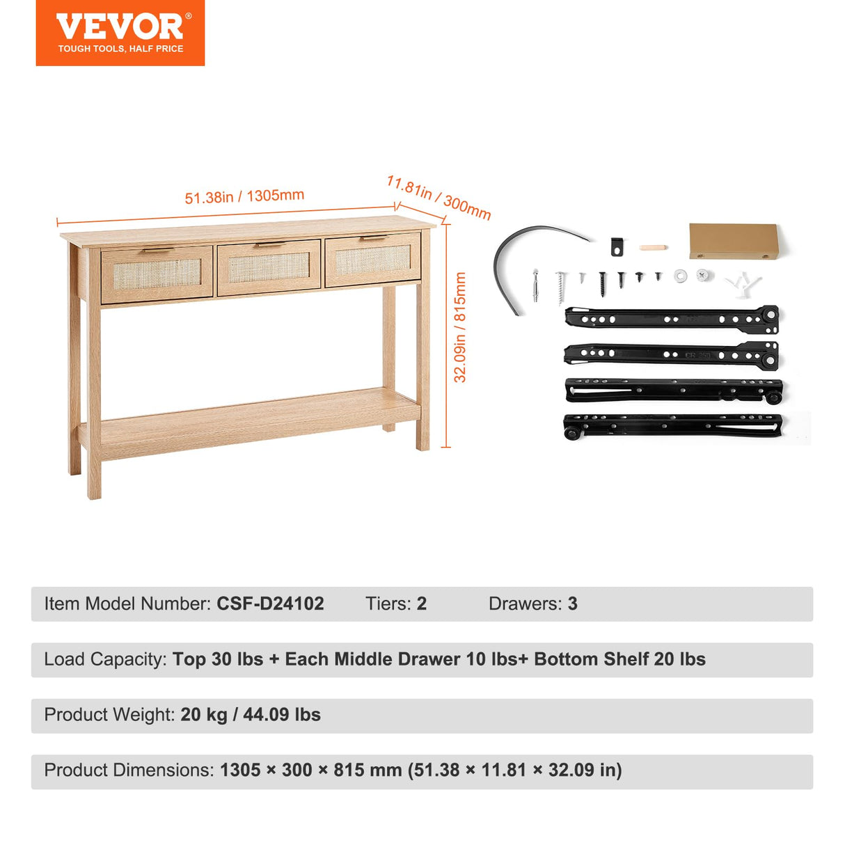 VEVOR Rattan Console Table with 3 Storage Drawers, Rattan Entryway Table with Natural Rattan Sliding Door, Console Sofa Table for Living Room, Study, Entryway Or TV Wall, Natural VEVOR