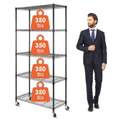 WDT 5 Tier Shelf Shelving Unit with Wheels,Adjustable Metal Shelves for Storage, NSF Wire Shelving Rack,350lbs Loading Capacity Per Shelf Storage Shelves for Kitchen Garage, 36" D x 16" W x 75" H