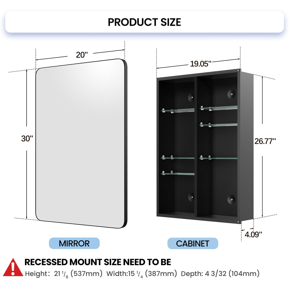 Recessed Medicine Cabinets for Bathroom with Mirror: 20x30 Wall Mount Mirrored Vanity Chest - 20 x 30 inch Large Storage Cabinet with Adjustable Shelves - Matte Black Frame GoTiling