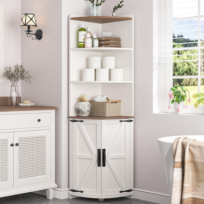 Halitaa 65.16" Tall Corner Cabinet, Farmhouse Corner Storage Cabinet with 2 Doors and 6 Storage Shelves, Corner Bookcase with Barn Door for Study, Living Room, Kitchen, White