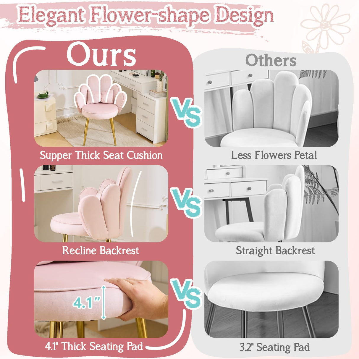 VINGLI Petal Makeup Vanity Chair with Back,Flower Cute Girls Desk Chair Comfy No Wheels,Modern Dining Chair,Small Accent Chair with Adustable Gold Legs&Bow Pillow for Home Office,Bedroom,Velvet,Pink VINGLI