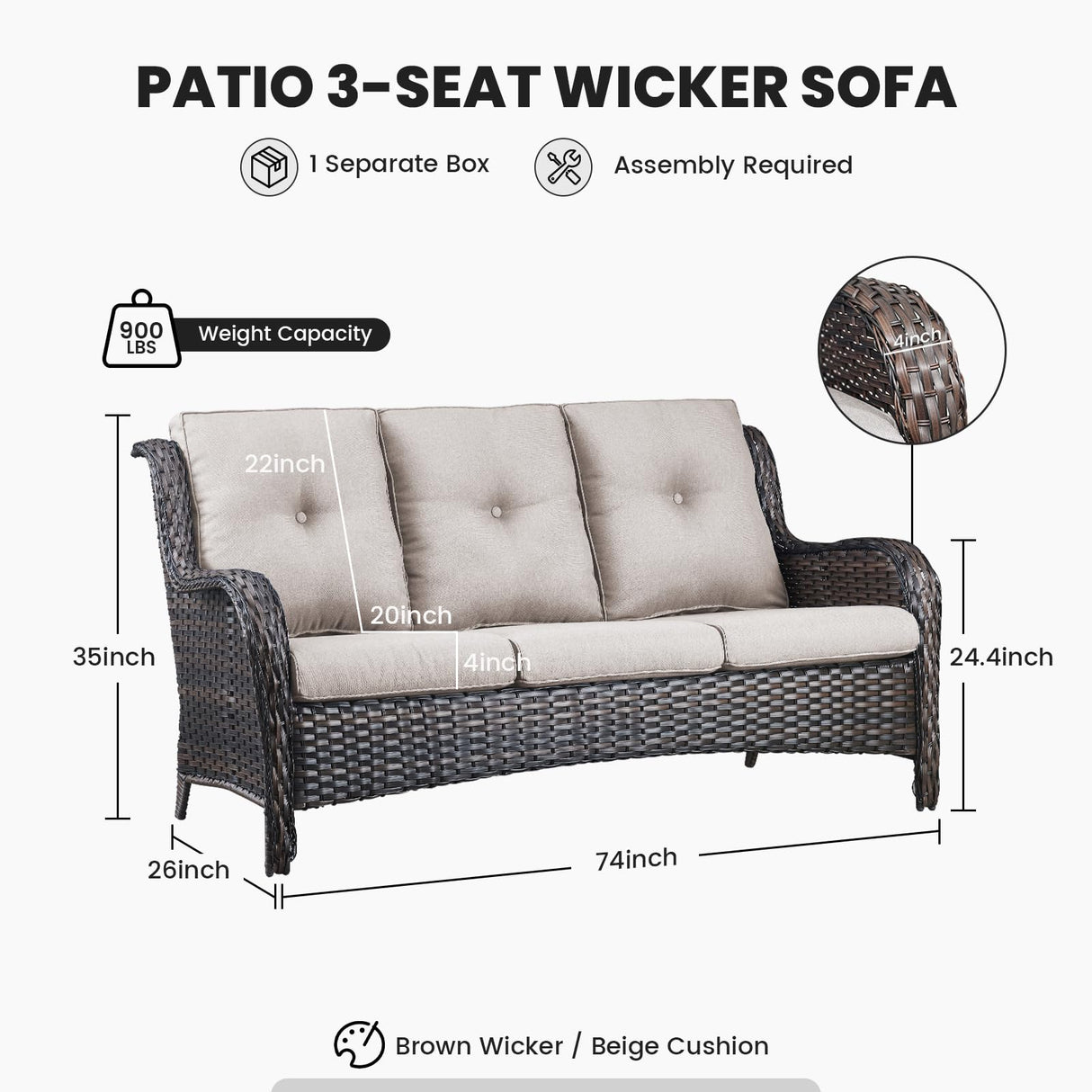 Belord Outdoor Furniture 3-Seater Rattan Sofa Patio Wicker Sofa Couch Furniture Set with Washable Cushions Belord