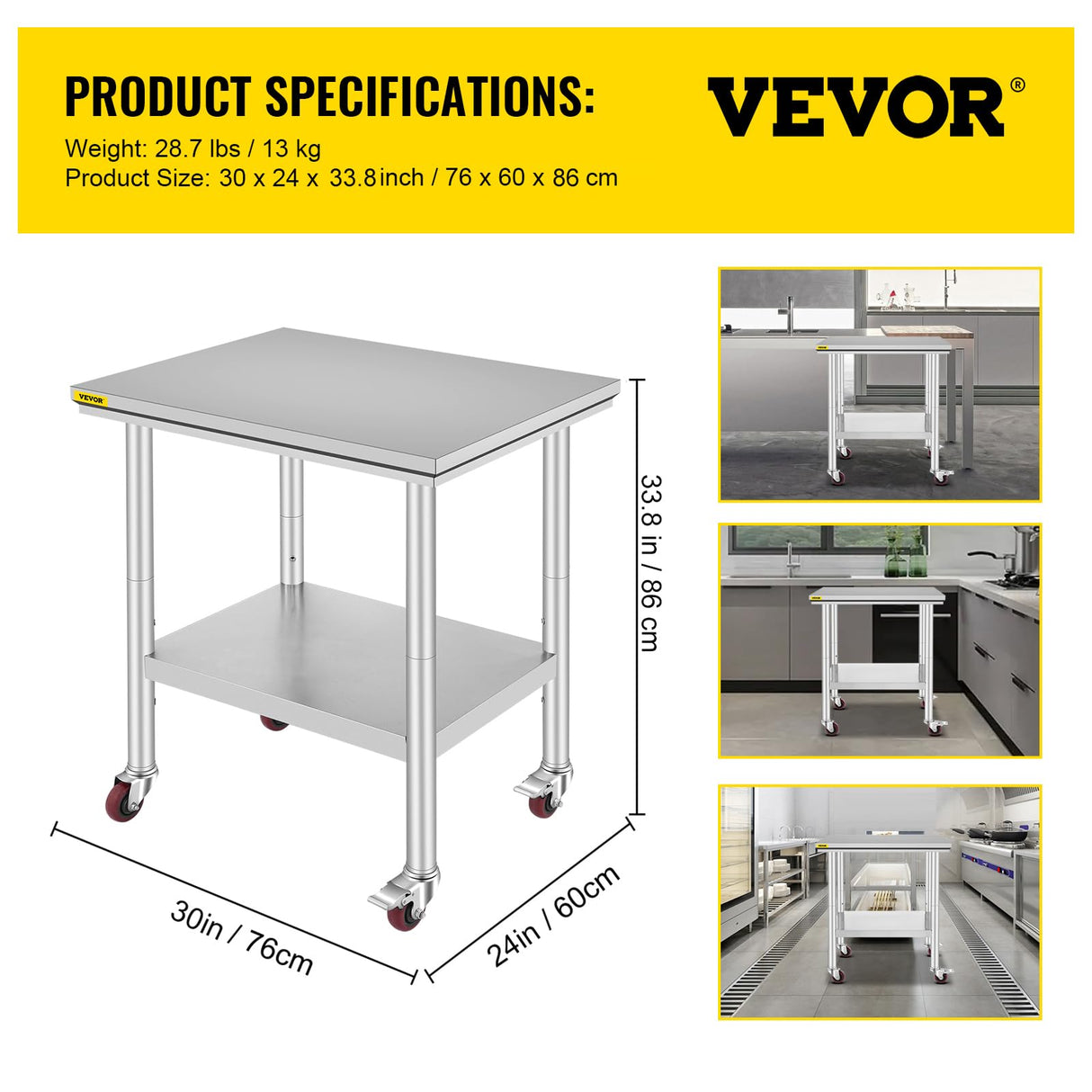 Mophorn Stainless Steel Work Table with Wheels 24 x 30 x 32 Inch Prep Table with 4 Casters Heavy Duty Work Table for Commercial Kitchen Restaurant Business, Silver and Black Mophorn